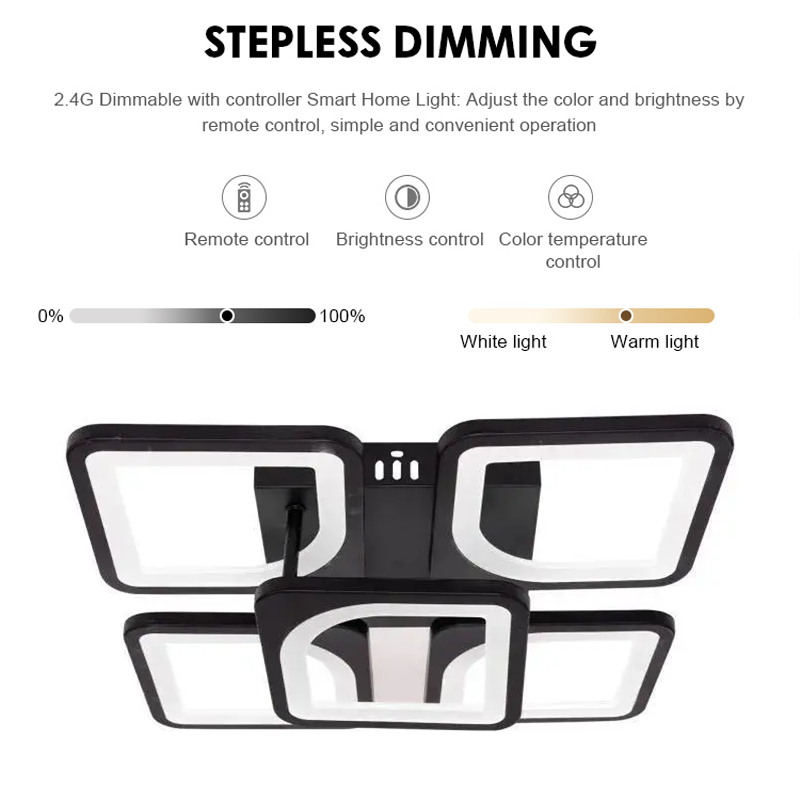 LED luster s diaľkovým ovládaním ZOE 68W, 5 štvorcov, studené/teplé/neutrálne svetlo, stmievateľné, čierny