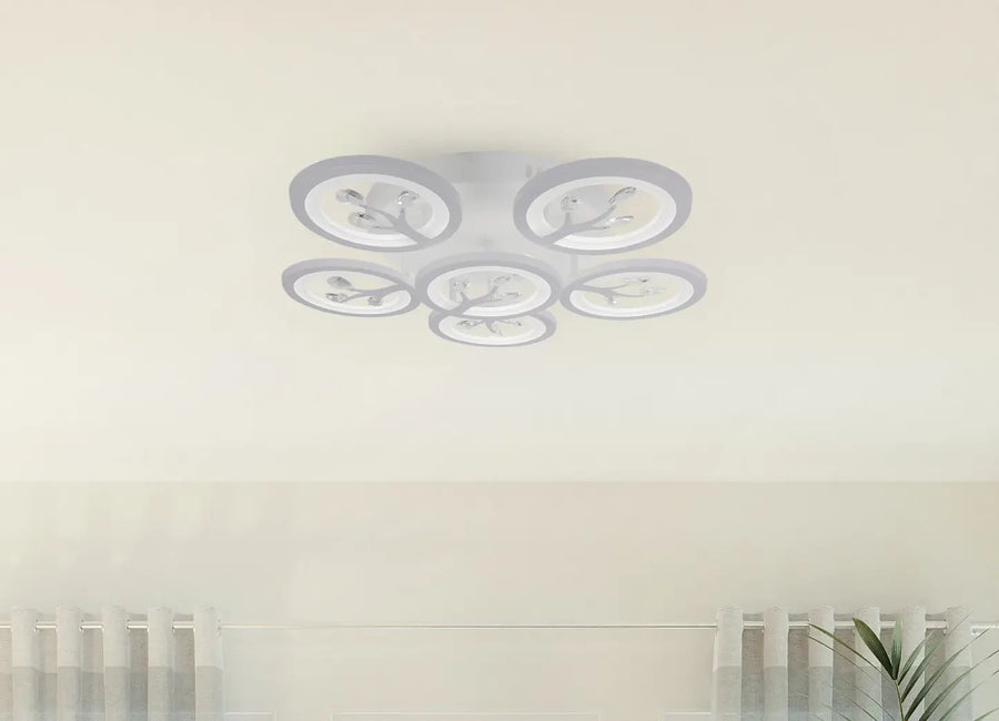 LED luster s diaľkovým ovládaním Daisy, 6 položiek, 72 W, studeného/horúceho/neutrálneho svetla, nestabilné, biele s kryštálom