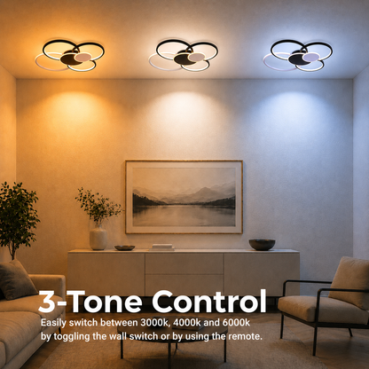 LED luster s diaľkovým ovládaním, KILLIAN, 110W, 6 kruhov, studené/teplé/neutrálne svetlo 3000K/4000K/6000K, stmievateľné, čiernobiely, kov a akryl