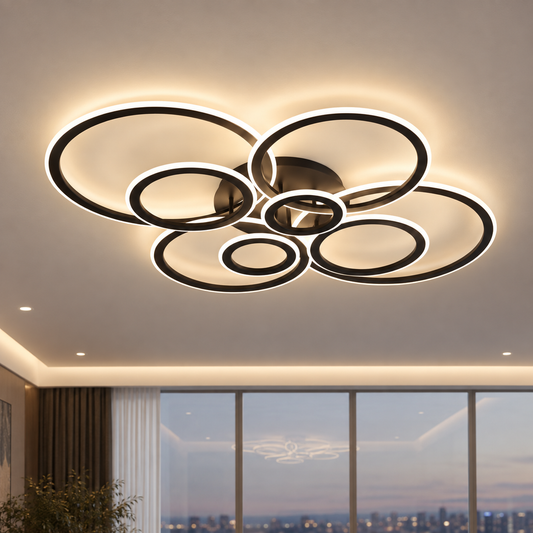 LED luster s diaľkovým ovládaním BETTY 130W, 8 kruhov, studené/teplé/neutrálne svetlo, stmievateľné, čierny