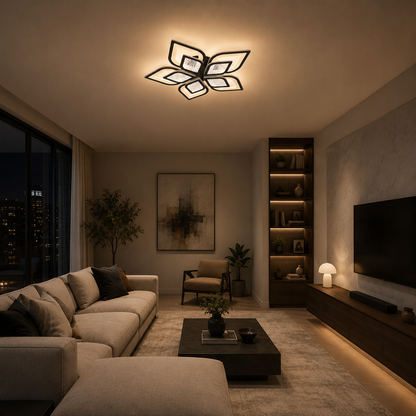 LED luster s diaľkovým ovládaním DALIA 96W, 5 okvetných lístkov, studené/teplé/neutrálne svetlo, stmievateľné, čierna