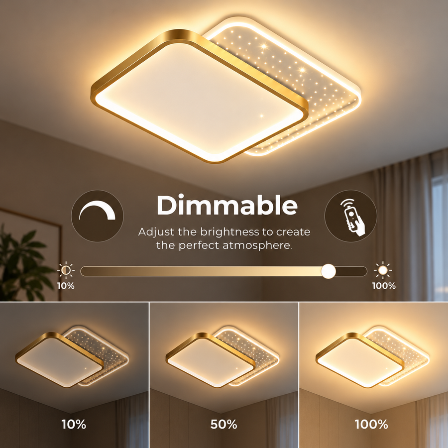 LED luster s diaľkovým ovládaním GILDRA 48W, 2 štvorce, studené/teplé/neutrálne svetlo, stmievateľné, zlaté