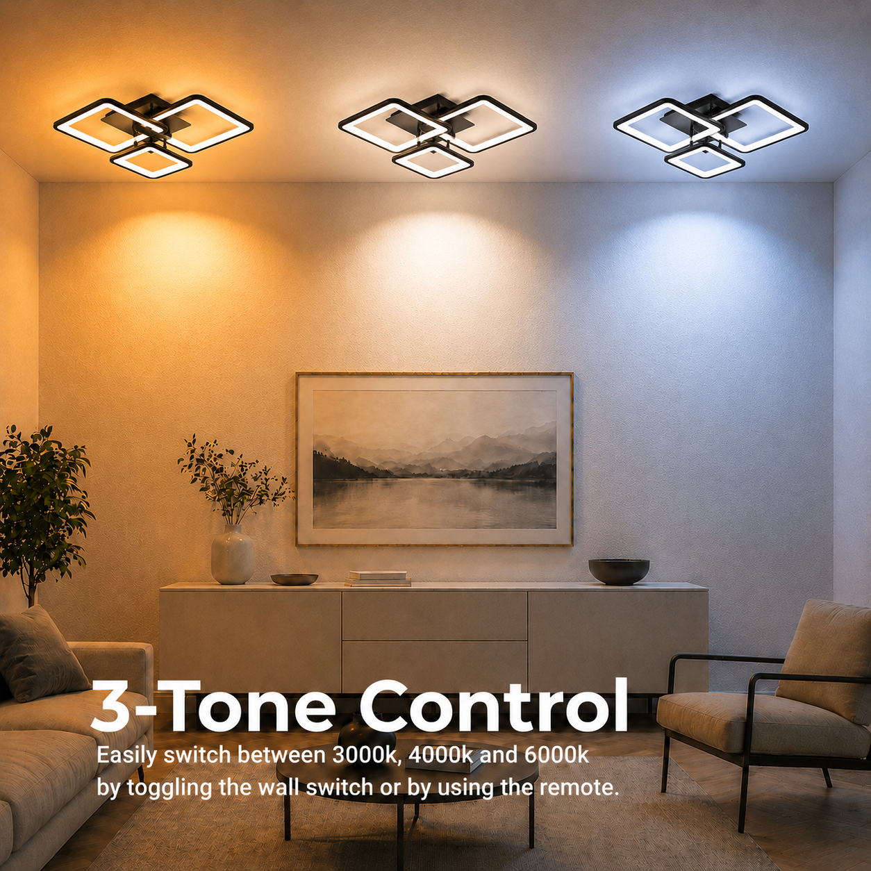 Lustra LED cu telecomanda ZOE 60W, 3 Patrate, lumina Rece/Calda/Neutra, Dimabila, Negru Lustre LED cu Telecomanda Default Title Alessandro Design
