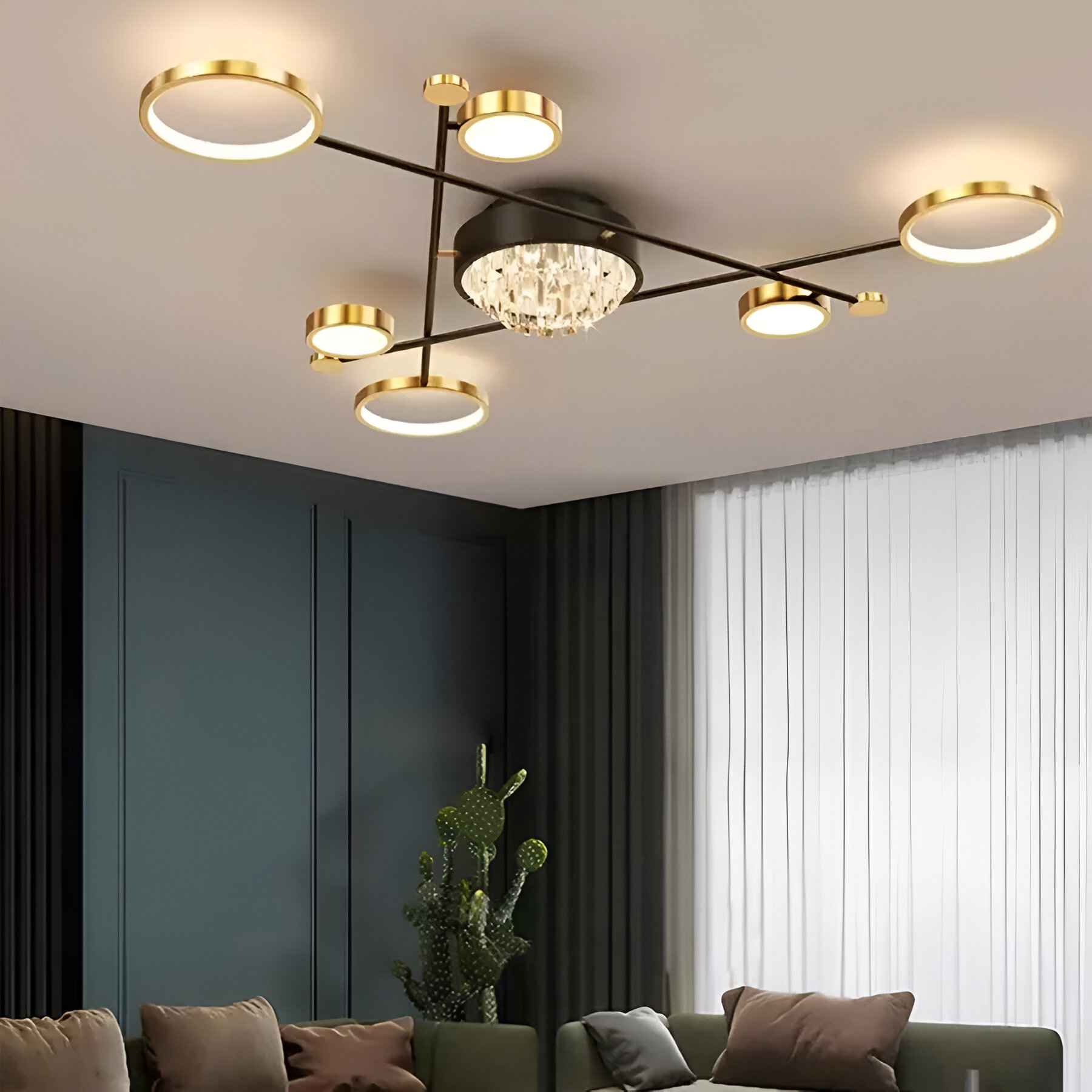 Lustra LED cu telecomanda si cristal GUIDA 38W, 6 Elemente, lumina Rece/Calda/Neutra, Dimabila, Negru Auriu Lustre LED cu Telecomanda Default Title Alessandro Design