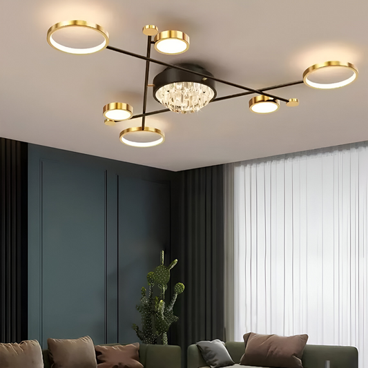 Lustra LED cu telecomanda si cristal GUIDA 38W, 6 Elemente, lumina Rece/Calda/Neutra, Dimabila, Negru Auriu Lustre LED cu Telecomanda Default Title Alessandro Design