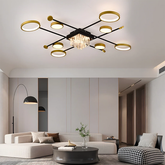LED luster s diaľkovým ovládaním a kryštálom GUIDA 46W, 8 prvkov, studené/teplé/neutrálne svetlo, stmievateľné, čierne zlato