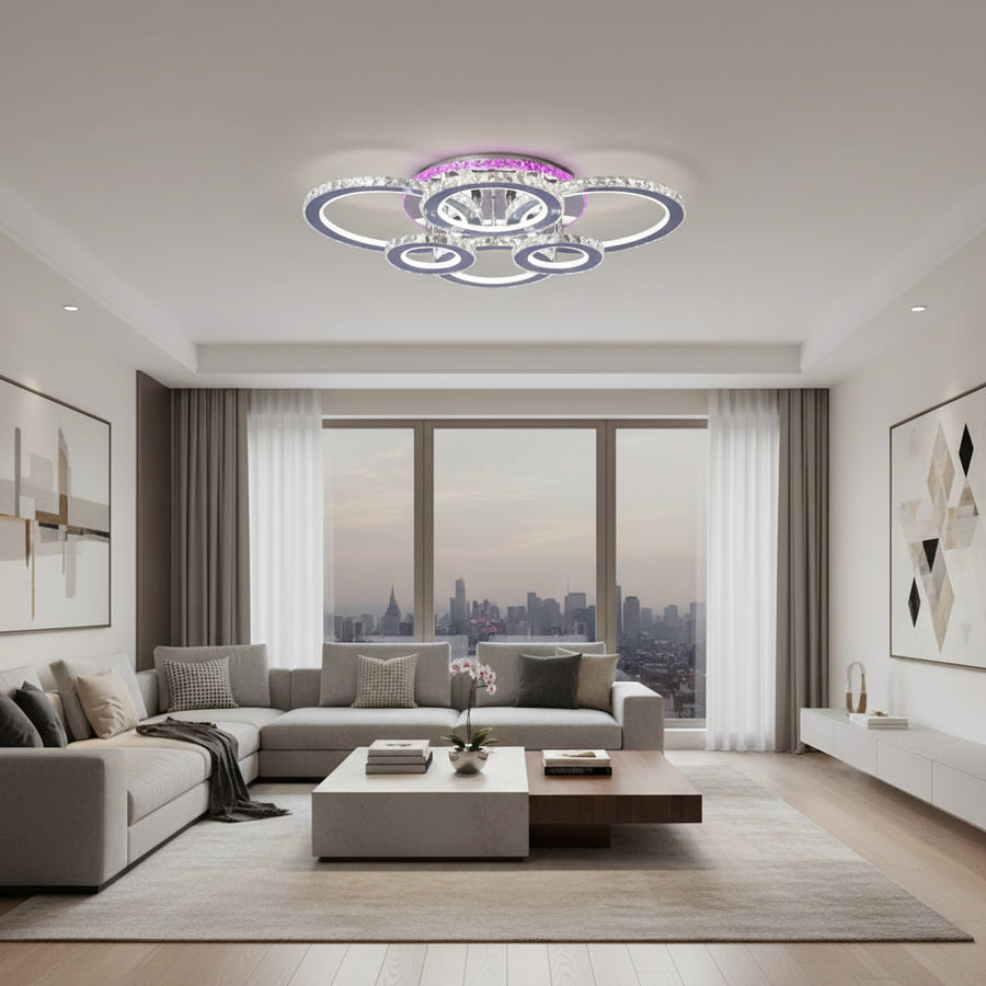 Lustra LED cu telecomanda si cristal NOVA ROTONDA RGB 144W, 6 Cercuri, lumina Rece/Calda/Neutra, Dimabila, Crom Lucios Lustre LED & Cristale Default Title Alessandro Design
