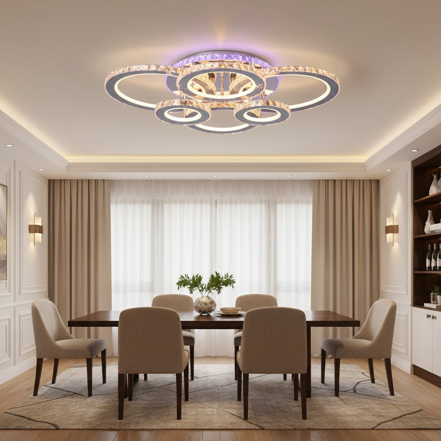 Lustra LED cu telecomanda si cristal NOVA ROTONDA RGB 144W, 6 Cercuri, lumina Rece/Calda/Neutra, Dimabila, Crom Lucios Lustre LED & Cristale Default Title Alessandro Design