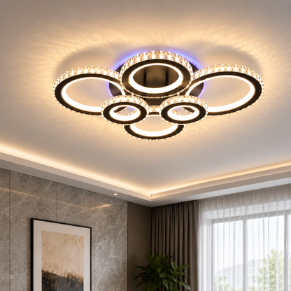 LED luster s diaľkovým ovládaním a krištáľom NOVA ROTONDA RGB 145W, 6 kruhov, studené/teplé/neutrálne svetlo, stmievateľné, čierny