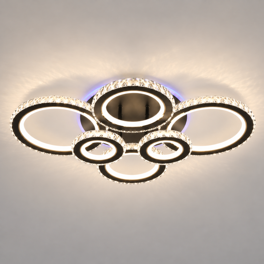 LED luster s diaľkovým ovládaním a krištáľom NOVA ROTONDA RGB 145W, 6 kruhov, studené/teplé/neutrálne svetlo, stmievateľné, čierny
