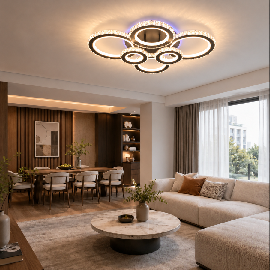 LED luster s diaľkovým ovládaním a krištáľom NOVA ROTONDA RGB 145W, 6 kruhov, studené/teplé/neutrálne svetlo, stmievateľné, čierny