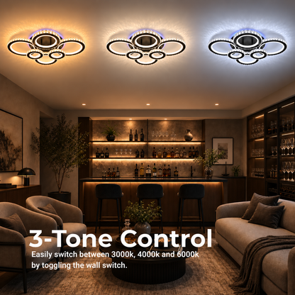 LED luster s diaľkovým ovládaním a krištáľom NOVA ROTONDA RGB 145W, 6 kruhov, studené/teplé/neutrálne svetlo, stmievateľné, čierny