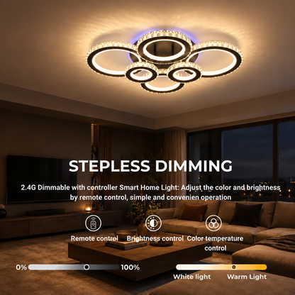 LED luster s diaľkovým ovládaním a krištáľom NOVA ROTONDA RGB 145W, 6 kruhov, studené/teplé/neutrálne svetlo, stmievateľné, čierny