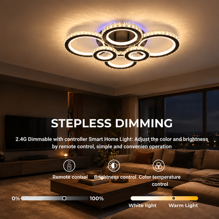 LED luster s diaľkovým ovládaním a krištáľom NOVA ROTONDA RGB 145W, 6 kruhov, studené/teplé/neutrálne svetlo, stmievateľné, čierny