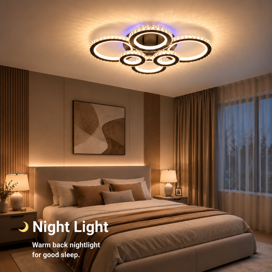 LED luster s diaľkovým ovládaním a krištáľom NOVA ROTONDA RGB 145W, 6 kruhov, studené/teplé/neutrálne svetlo, stmievateľné, čierny