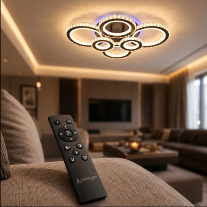 LED luster s diaľkovým ovládaním a krištáľom NOVA ROTONDA RGB 145W, 6 kruhov, studené/teplé/neutrálne svetlo, stmievateľné, čierny