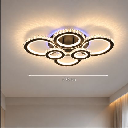 LED luster s diaľkovým ovládaním a krištáľom NOVA ROTONDA RGB 145W, 6 kruhov, studené/teplé/neutrálne svetlo, stmievateľné, čierny