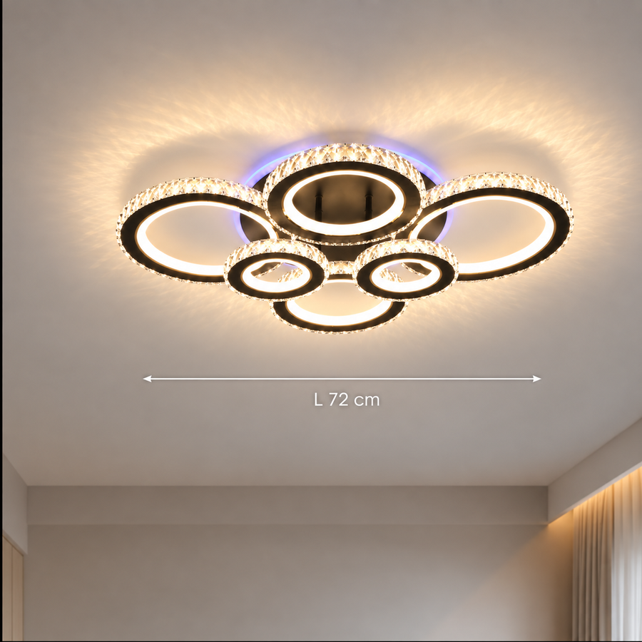 LED luster s diaľkovým ovládaním a krištáľom NOVA ROTONDA RGB 145W, 6 kruhov, studené/teplé/neutrálne svetlo, stmievateľné, čierny