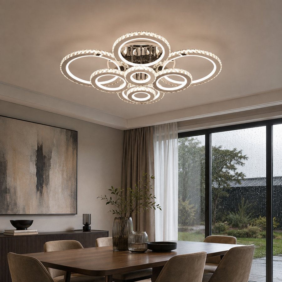 Lustra LED cu telecomanda si cristal NOVA ROTONDA RGB 239W, 8 Cercuri, lumina Rece/Calda/Neutra, Dimabila, Crom Lucios