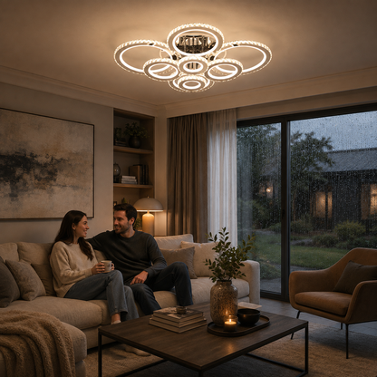 Lustra LED cu telecomanda si cristal NOVA ROTONDA RGB 239W, 8 Cercuri, lumina Rece/Calda/Neutra, Dimabila, Crom Lucios