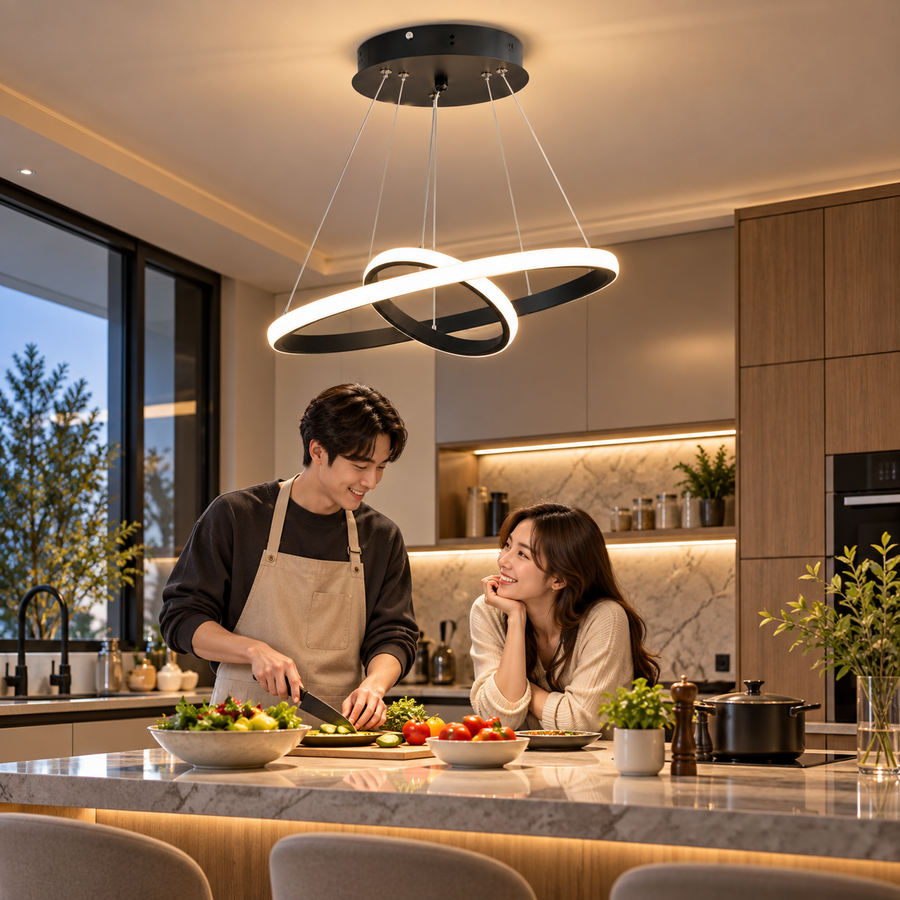 LED závesný luster RICCI 25W, 2 kruhy, studené/teplé/neutrálne svetlo, čierny, výškovo nastaviteľný