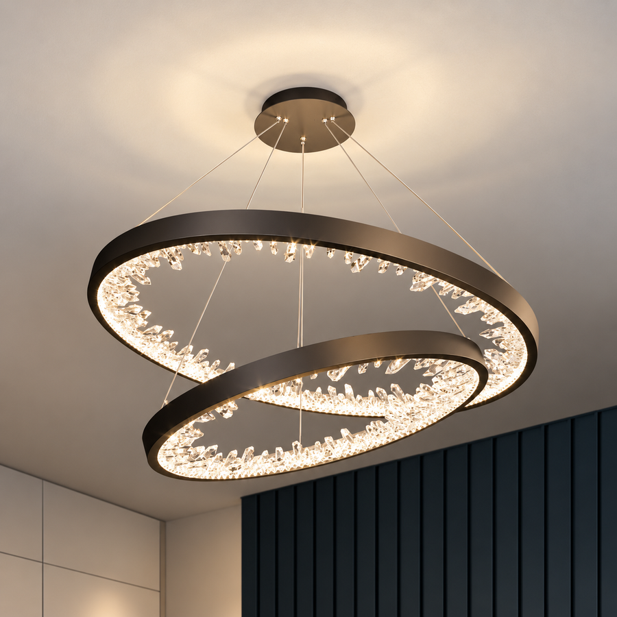 Závesný LED luster s diaľkovým ovládaním, K9 Crystals, 73W, 2 kruhy, 60 cm, studené/teplé/neutrálne svetlo, stmievateľné, čierne, výškovo nastaviteľné
