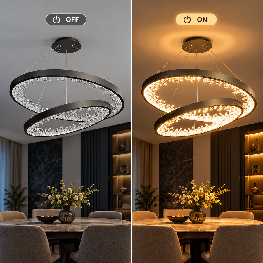 Závesný LED luster s diaľkovým ovládaním, K9 Crystals, 73W, 2 kruhy, 60 cm, studené/teplé/neutrálne svetlo, stmievateľné, čierne, výškovo nastaviteľné