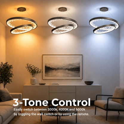 Závesný LED luster s diaľkovým ovládaním, K9 Crystals, 73W, 2 kruhy, 60 cm, studené/teplé/neutrálne svetlo, stmievateľné, čierne, výškovo nastaviteľné