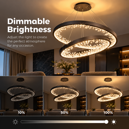 Závesný LED luster s diaľkovým ovládaním, K9 Crystals, 73W, 2 kruhy, 60 cm, studené/teplé/neutrálne svetlo, stmievateľné, čierne, výškovo nastaviteľné