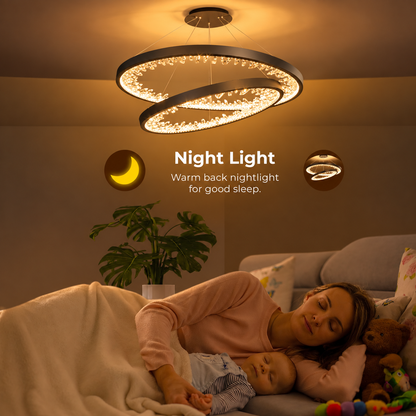 Závesný LED luster s diaľkovým ovládaním, K9 Crystals, 73W, 2 kruhy, 60 cm, studené/teplé/neutrálne svetlo, stmievateľné, čierne, výškovo nastaviteľné