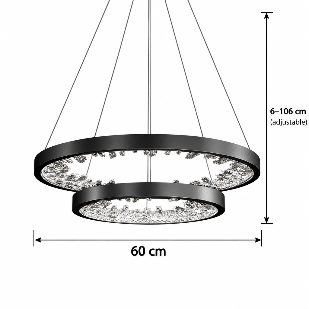 Lustra LED suspendata cu telecomanda, Cristale K9, 73W, 2 Cerc, 60 cm, lumina Rece/Calda/Neutra, Dimabila, Negru, Inaltime Reglabila Lustre Moderne Default Title Alessandro Design