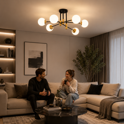Okrúhly biely glóbusový luster, PENTHOUSE Lounge, 6xE27, čierna / zlatá, kov