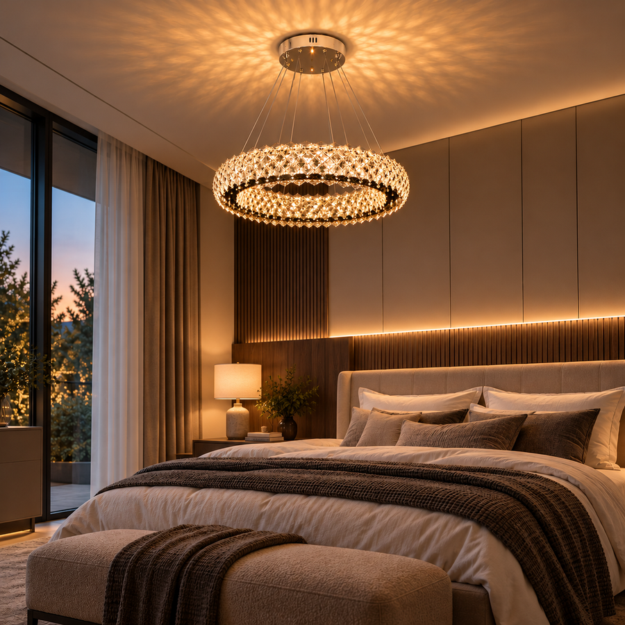 Krištáľový luster KALTO Eleganza, 106W, studené/teplé/neutrálne svetlo, nastaviteľná výška, kov a krištáľ, lesklý chróm