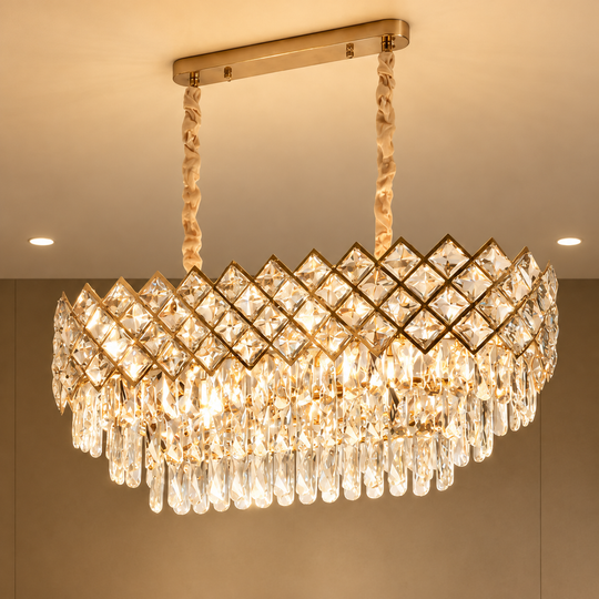 VECTORIA Supremo krištáľový luster, 10xE14, 75x39cm, zlatý, nastaviteľná výška, kov a krištáľ