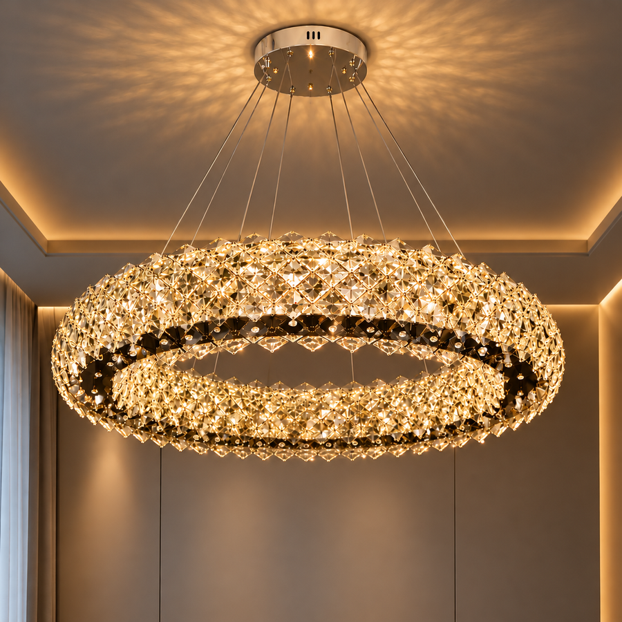 Krištáľový luster KALTO Eleganza, 106W, studené/teplé/neutrálne svetlo, nastaviteľná výška, kov a krištáľ, lesklý chróm