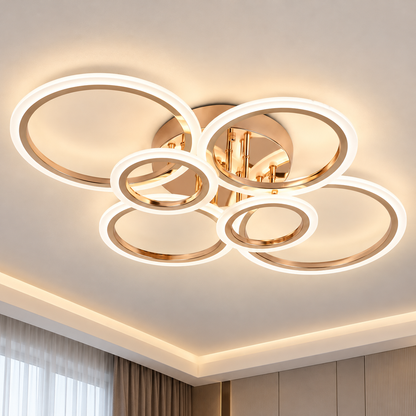 LED luster s diaľkovým ovládaním BETTY 81W, 6 kruhov, studené/teplé/neutrálne svetlo, stmievateľné, lesklé zlato