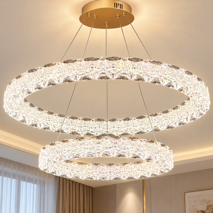 SHELP Crystal LED luster s diaľkovým ovládaním, 64 W, teplé/neutrálne/studené svetlo, Φ60 cm, nastaviteľná výška, kov a krištáľ, zlatá