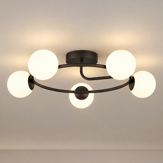 LED a krištáľový luster ORBIT, 72cm, 5xE27, glóbusy, čierny