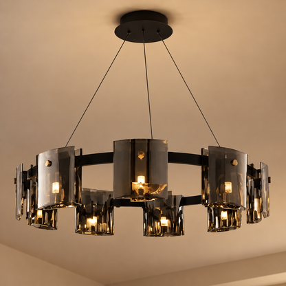 Moderný luster, Valmontreux Largo, 8xG9, priemer 80 cm, čierne a sivé kryštály, nastaviteľná výška, kov a krištáľ