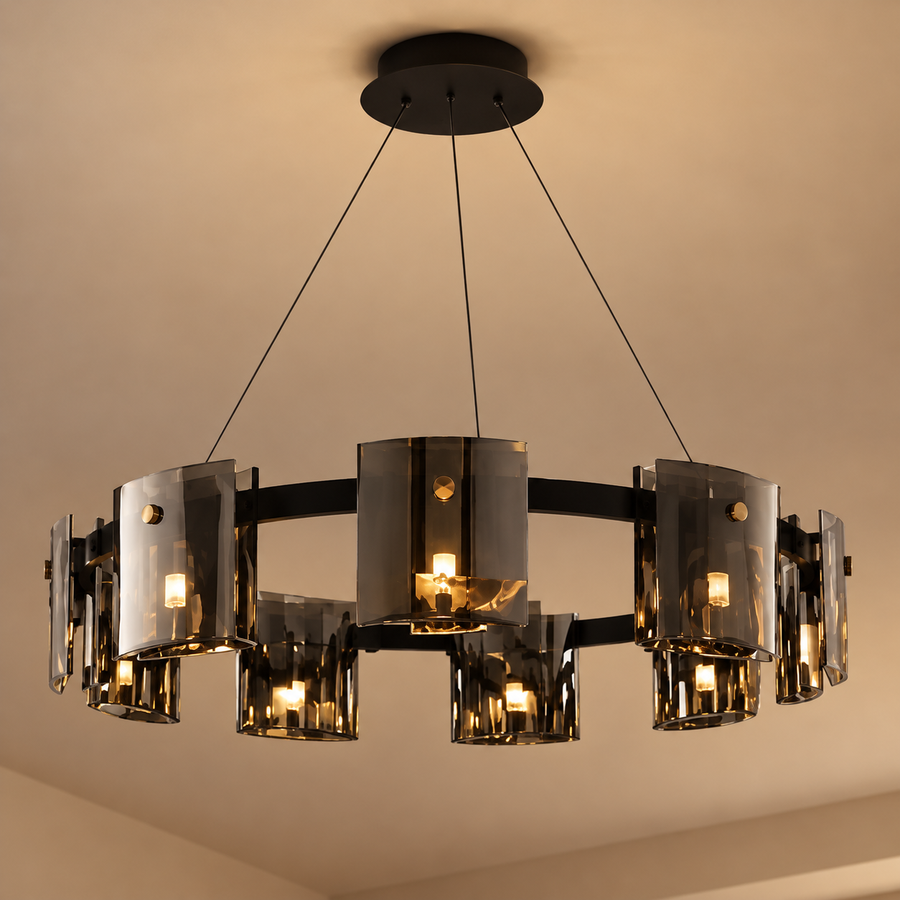 Moderný luster, Valmontreux Largo, 8xG9, priemer 80 cm, čierne a sivé kryštály, nastaviteľná výška, kov a krištáľ