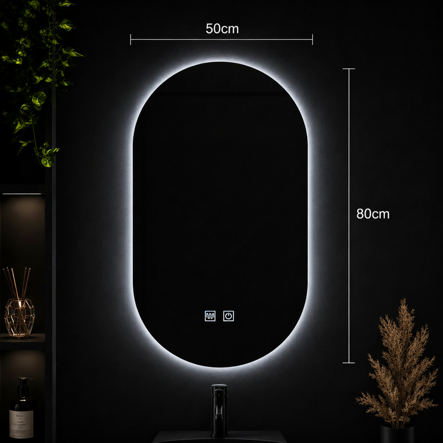 Oválne LED zrkadlo, 50X80cm, E14S/50X80, Touch, Demister System