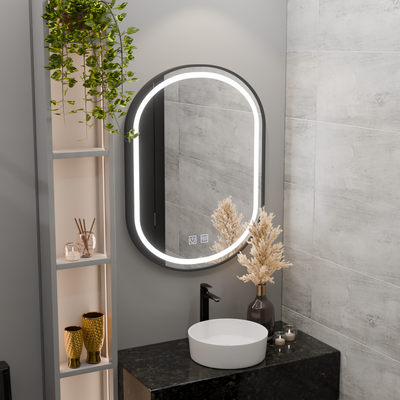 LED oválne zrkadlo 60x80 cm VETRO Touch Stmievateľný systém odhmlievania, čierny rám