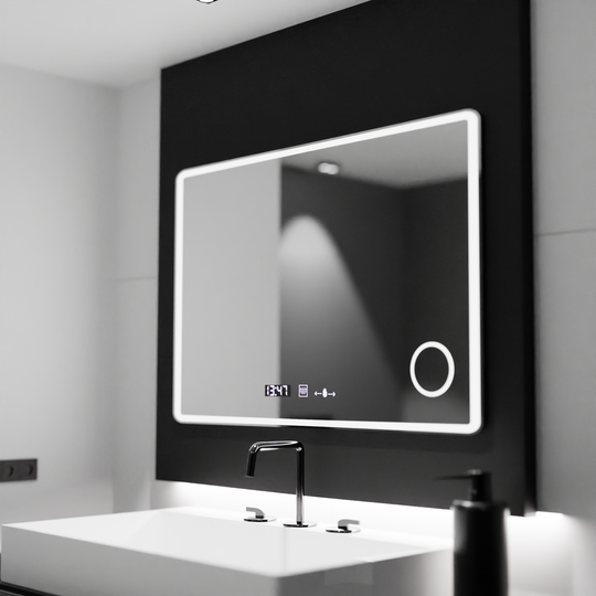 Obdĺžnikové LED zrkadlo 120x80 Aura Riflesso Puro MotionGlow Marcello, systém odhmlievania, teplomer a hodiny, stmievateľné zrkadlá Marcello Predvolený názov Alessandro Design