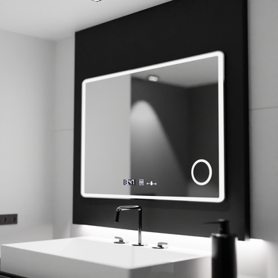 Obdĺžnikové LED zrkadlo 120x80 Aura Riflesso Puro MotionGlow Marcello, Demister System, Teplomer a hodiny, Stmievateľné