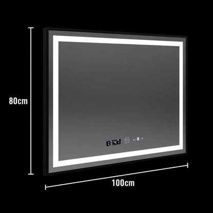Obdĺžnikové LED zrkadlo, 100x80cm, Verite Majeste Noir MotionGlow Marcello, Demister System, Hodiny & Teplomer, Stmievateľné
