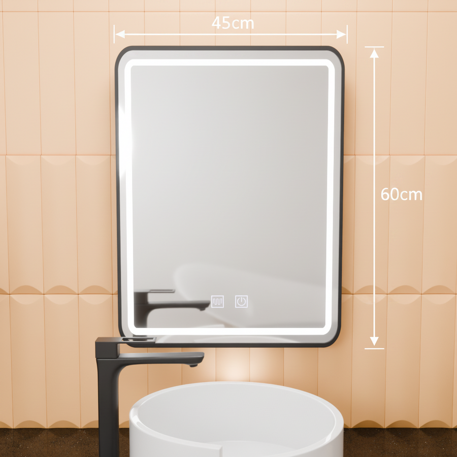 Obdĺžnikové LED zrkadlo, 45x60cm, EDGE Touch, Demister System, čierny rám