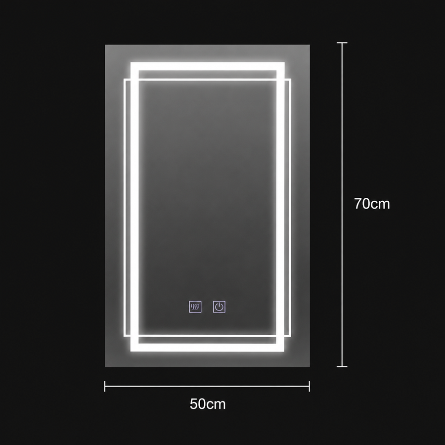 Obdĺžnikové LED zrkadlo, 50x70cm, KOVEN Touch, Demister System, Stmievateľné