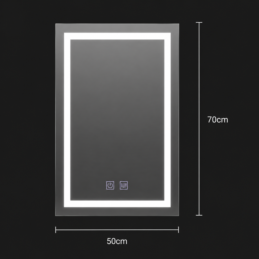Obdĺžnikové LED zrkadlo, 50x70cm, RADIANTE Touch, Demister System, Stmievateľné