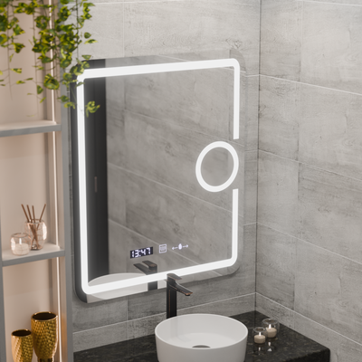 Obdĺžnikové LED zrkadlo, 75x90cm, Eclat MotionGlow Marcello, Demister System, Hodiny & Teplomer, Kozmetická lupa, Stmievateľné