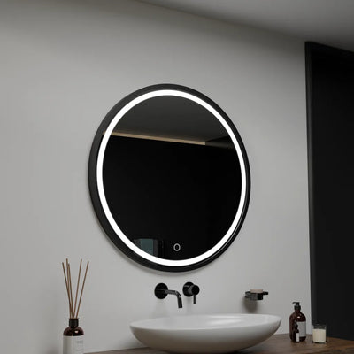 Okrúhle LED zrkadlo, 90 cm, horizontálny čierny rám, Basic Touch